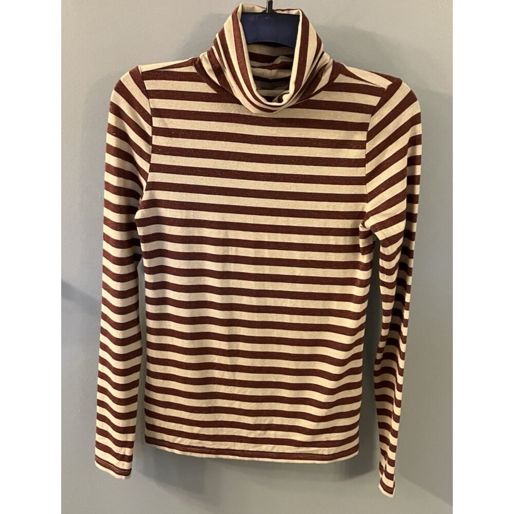 Loft Juniors Turtleneck Top Stripes Brown with Sparkle Thread Size Small